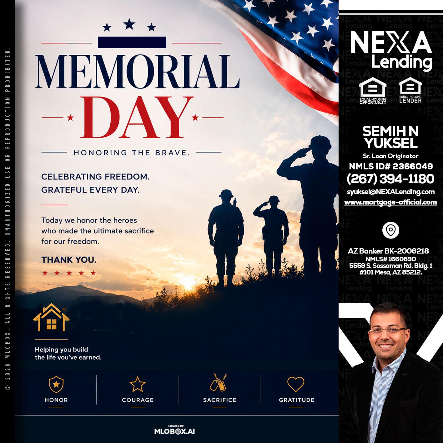 MEMORIAL DAY - Semih N Yuksel -Loan Officer